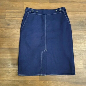 Ann Taylor Factory Navy Blue White Stitch Detail Pencil Skirt Lined Petite 00P